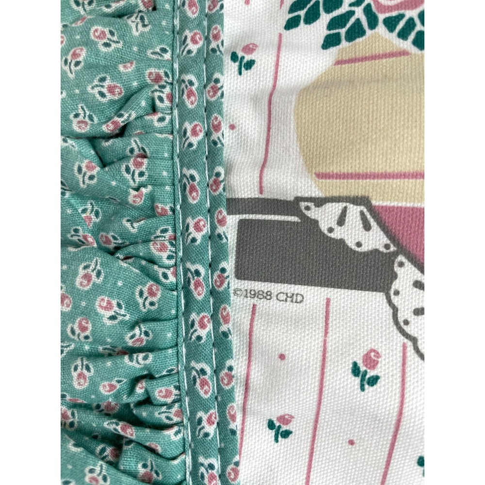 Vintage Cat Cottagecore Floral Ruffle Apron Teal Green Calico 80s Grandmacore - Picture 5 of 9